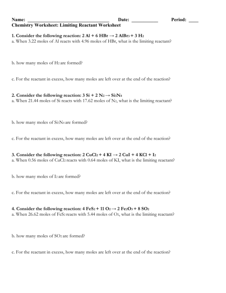 Limiting Reactant Problems Worksheet Answers