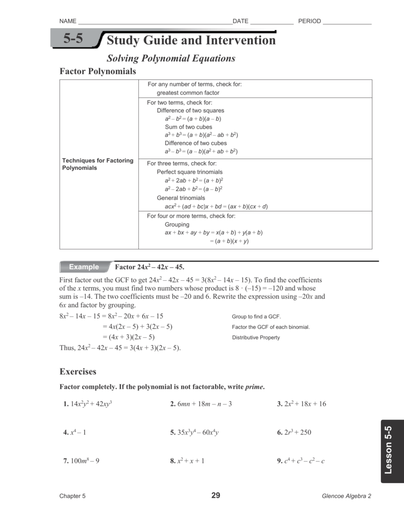 225 25 Study Guide And Intervention Solving Polynomial Equations With Regard To Solving Polynomial Equations Worksheet Answers