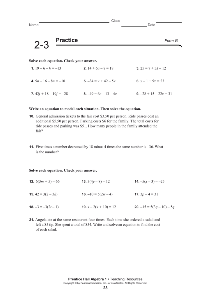 2 3 word problem practice solving multi step equations
