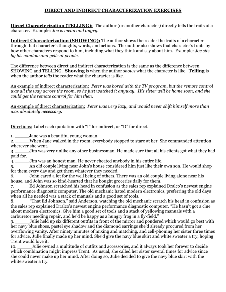 Direct Characterization (TELLING): The author (or another character) Regarding Direct And Indirect Characterization Worksheet