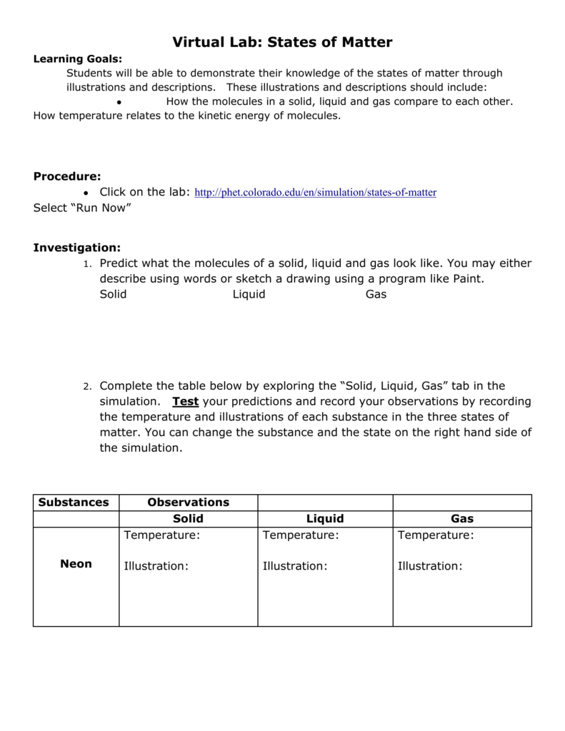 Virtual Lab States Of Matter Handout