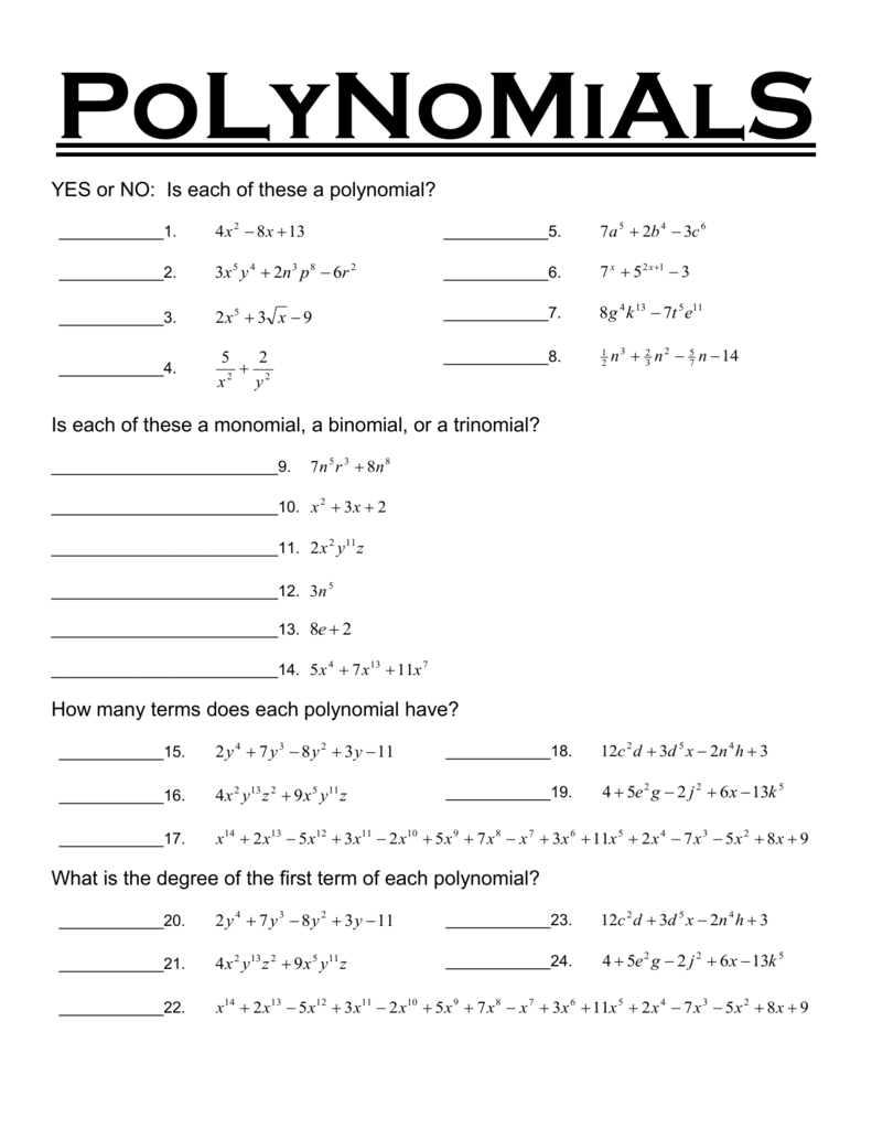 Grade 10 Academic Math Polynomials Worksheet