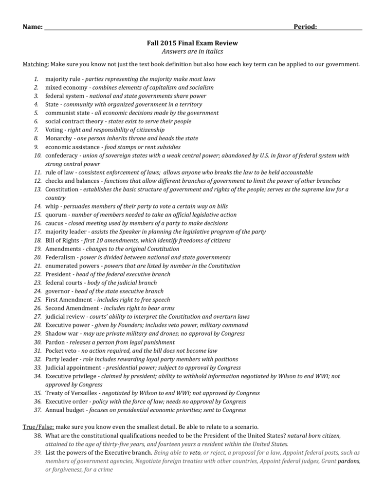 Fall 2015 Government Final Exam 15 Study Guide Fall 2015 Government Final Exam 15 Study Guide