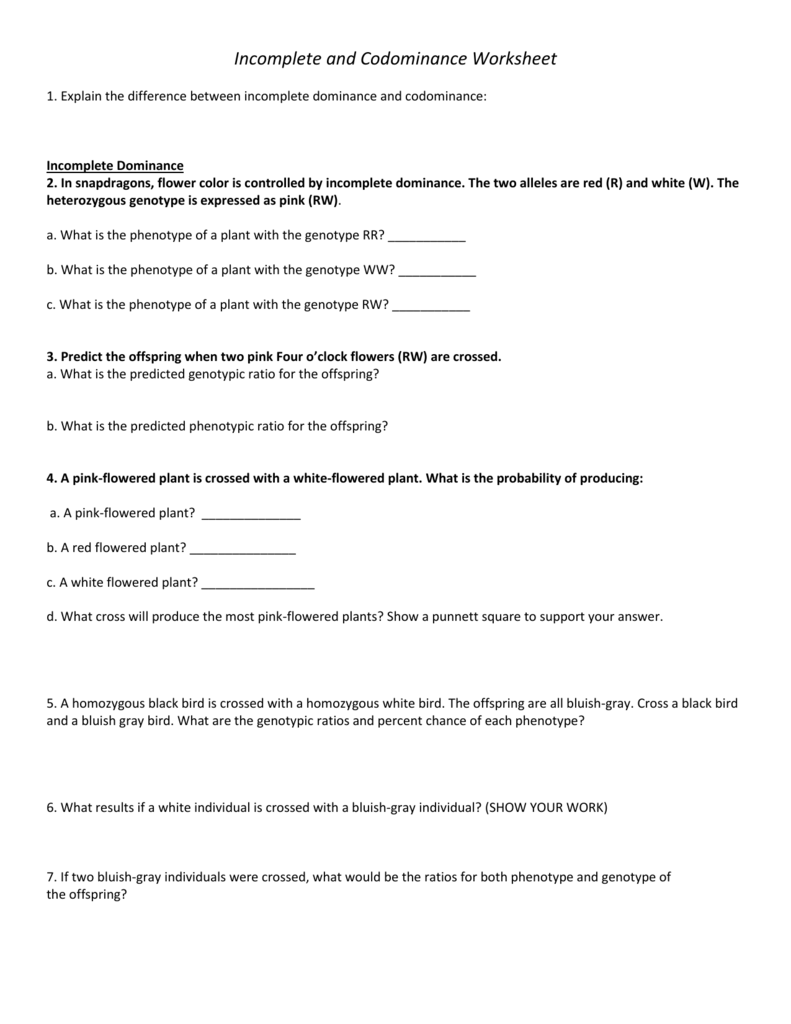 Incomplete and Codominance Worksheet With Regard To Incomplete And Codominance Worksheet
