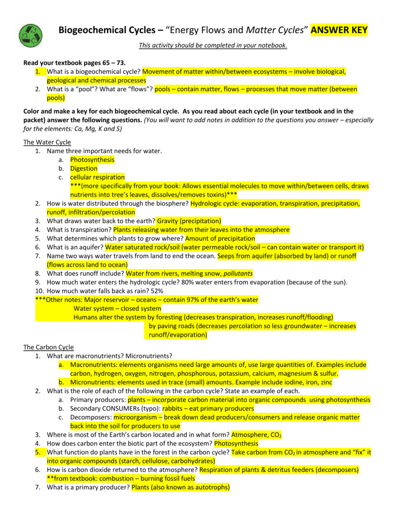 Biogeochemical Cycles Packet - ANSWER KEY Inside Nutrient Cycles Worksheet Answers