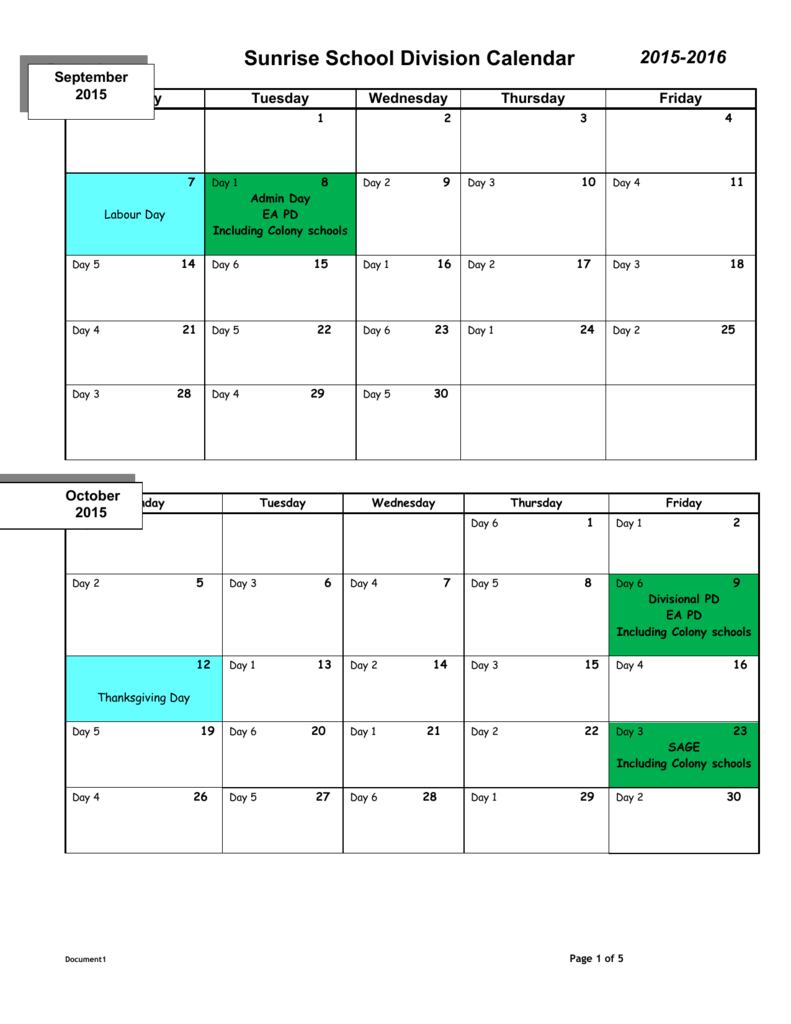 2016 Calendar Sunrise School Division