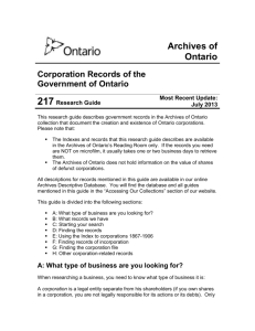 Corporation Records of the Government of Ontario