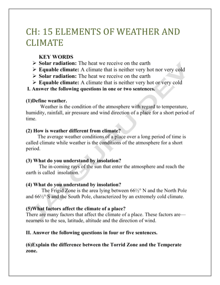 Class 7 Elements Of Weather And Climate