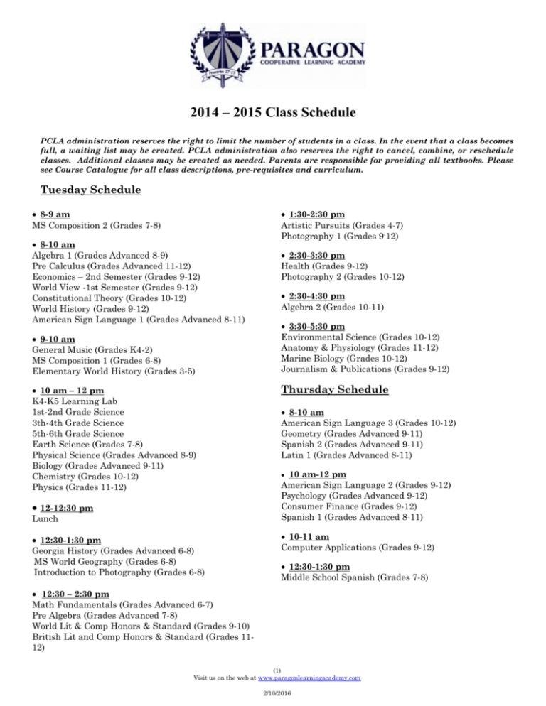 Class Schedule Paragon Cooperative Learning Academy