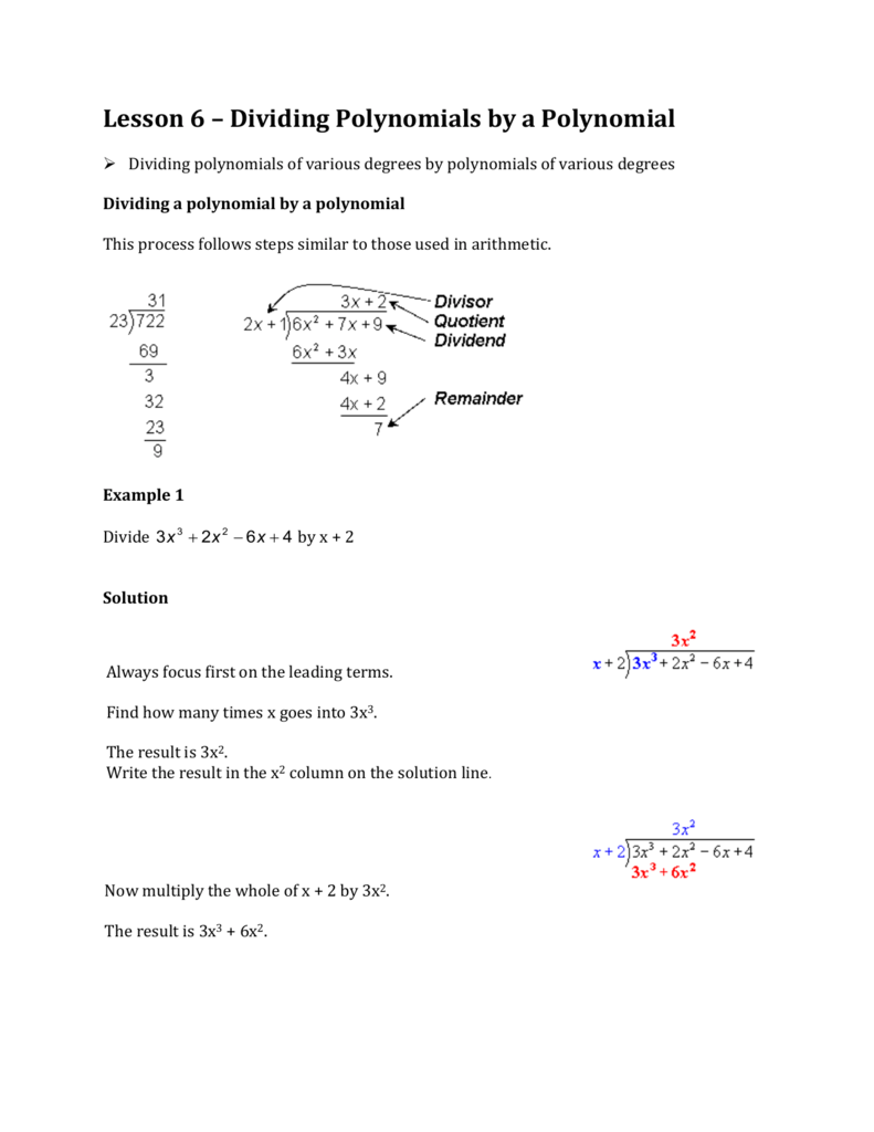 Lesson 20 – Dividing Polynomials by a Polynomial.DOC In Dividing Polynomials Worksheet Answers