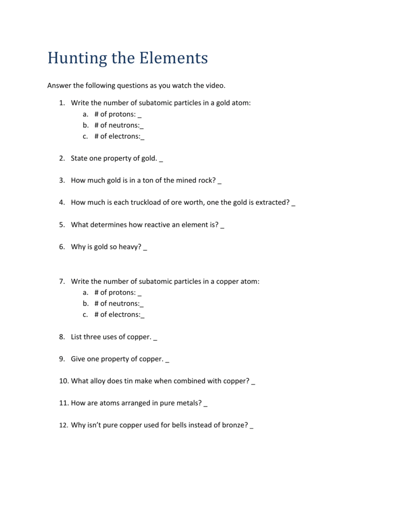 Nova Video Questions Hunting The Elements Worksheet Answers Inside Nova Hunting The Elements Worksheet