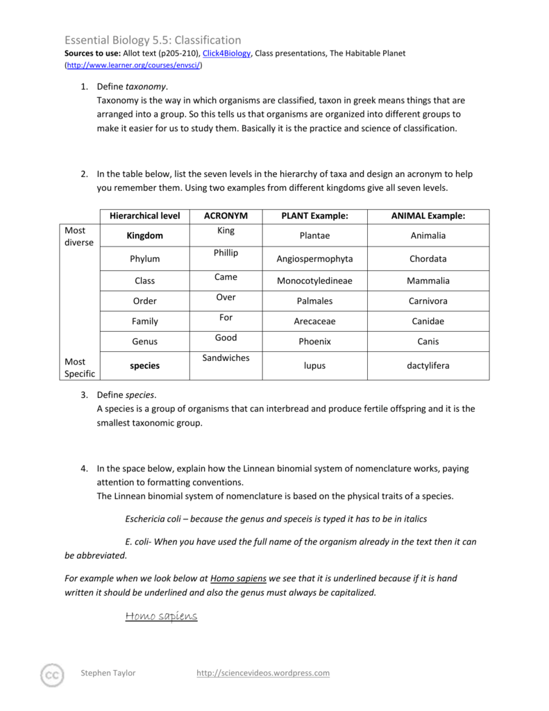 10.10 Classification worksheet Inside Biological Classification Worksheet Answers