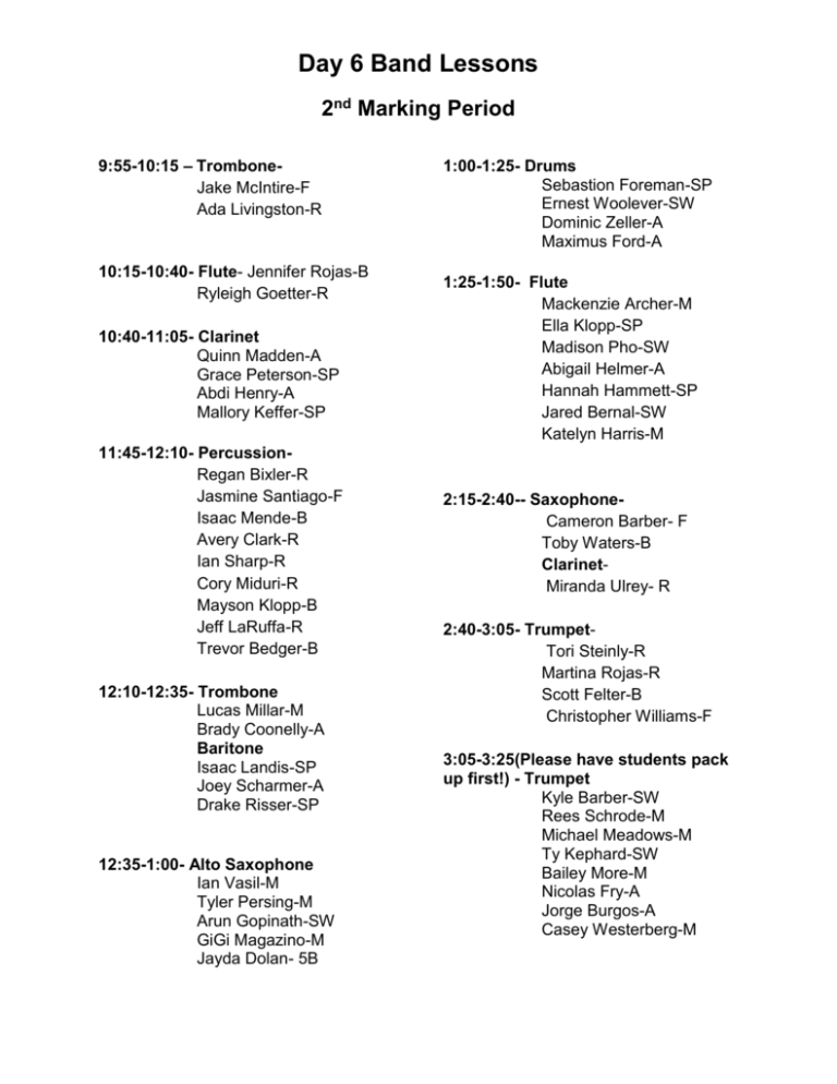 Band Lessons 2nd Marking Period