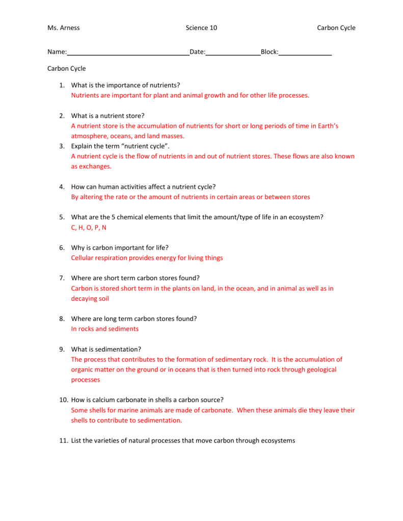 Carbon cycle answers Regarding Carbon Cycle Worksheet Answers