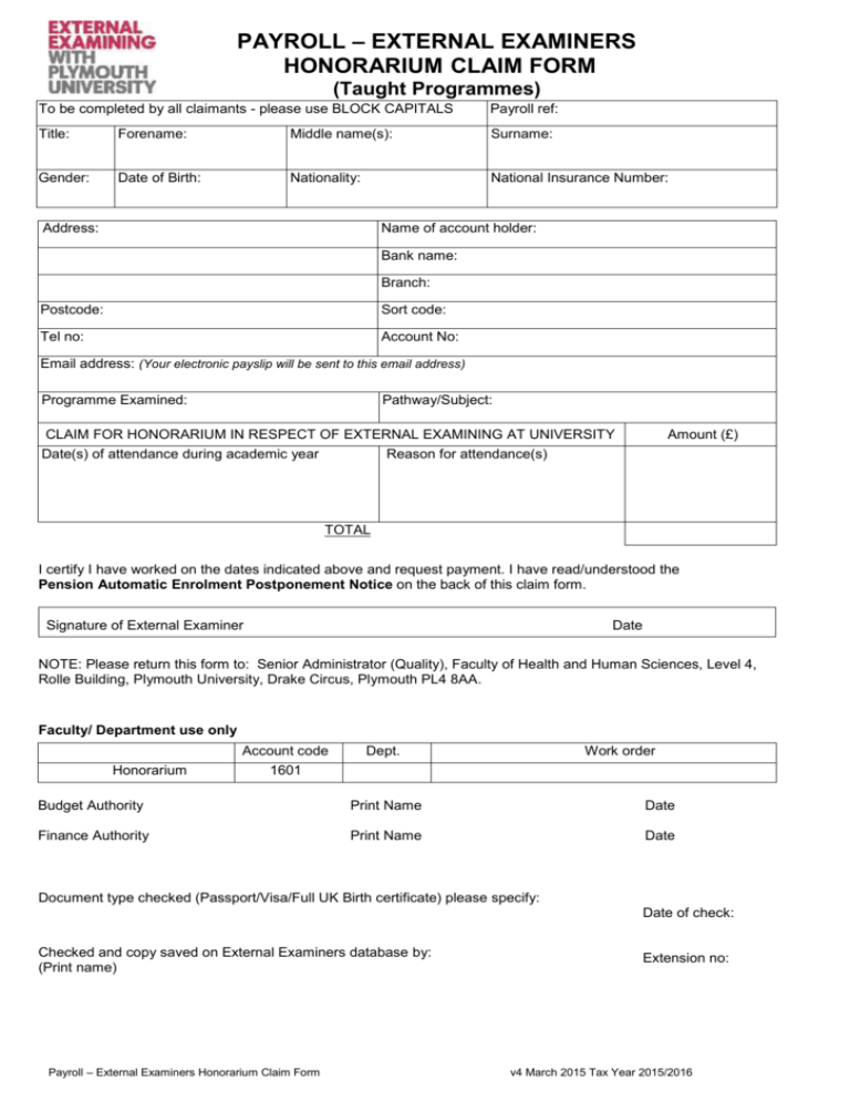 Honorarium Claim Form