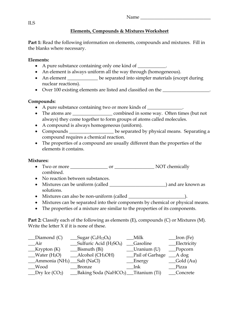 Elements, Compounds & Mixtures Worksheet With Regard To Element Compound Mixture Worksheet