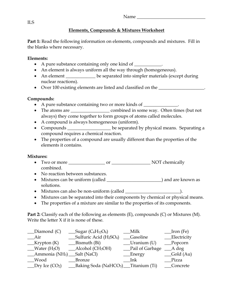 Compounds Elements And Mixtures Worksheet