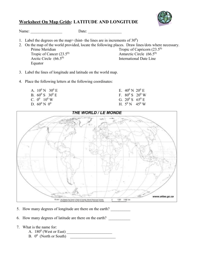 REVIEW 20: LATITUDE AND LONGITUDE AND TIME ZONES Throughout Longitude And Latitude Worksheet