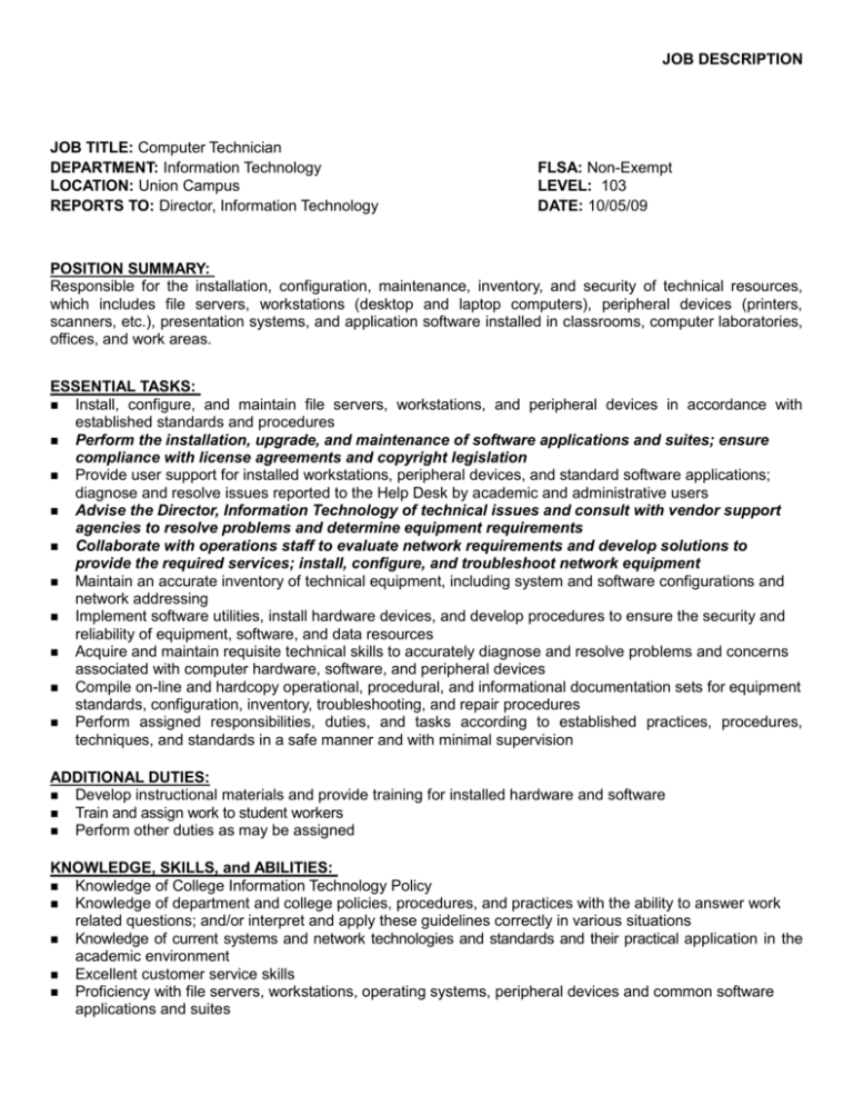 JOB TITLE Computer Lab Technician