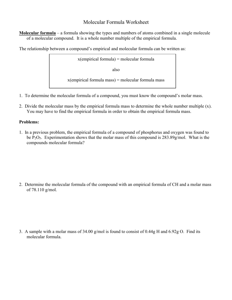 Molecular Formula Worksheet With Regard To Chemical Formula Worksheet Answers