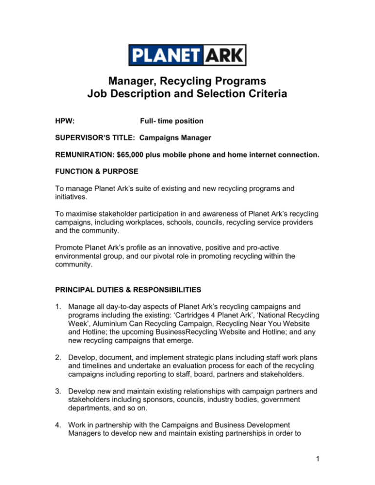 Manager, Recycling Programs Job Description and Selection