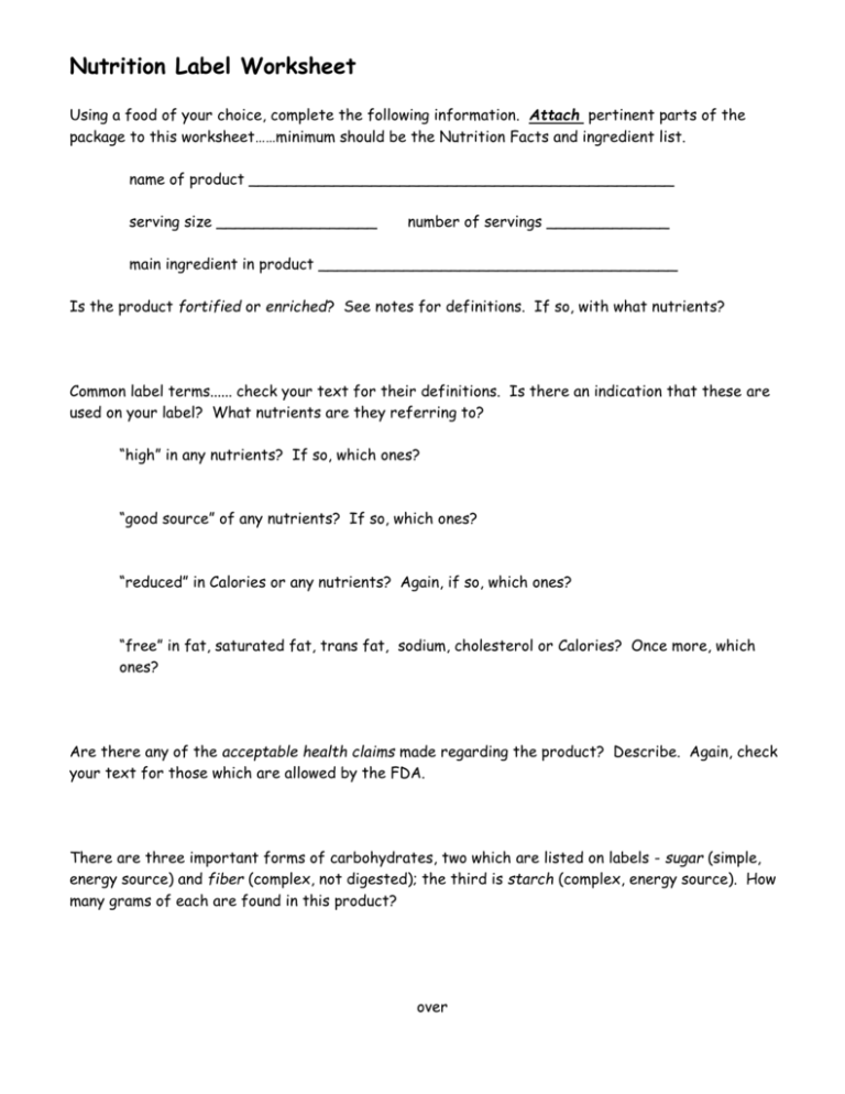 Nutrition Label Worksheet Answer