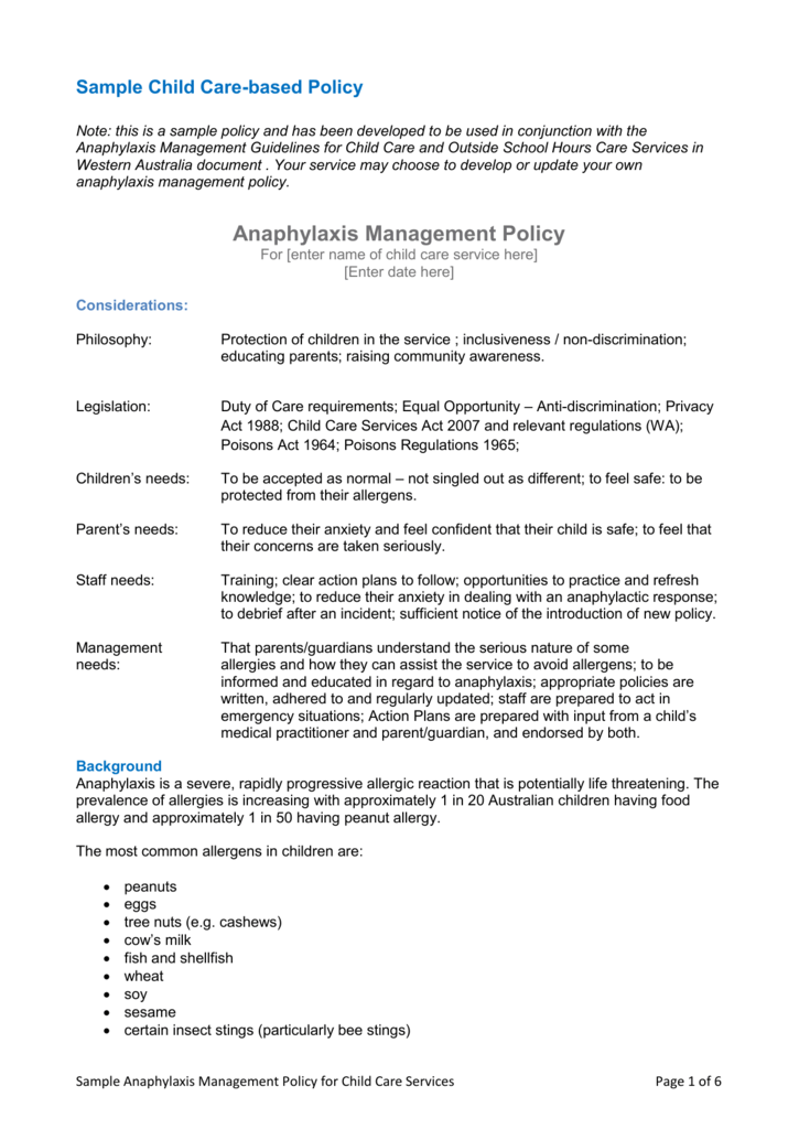 Sample Anaphylaxis Management Policy for Child Care Services