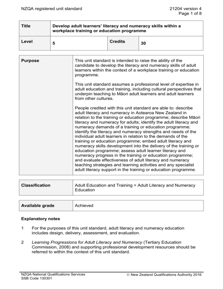 21204 Develop adult learners` literacy and numeracy skills