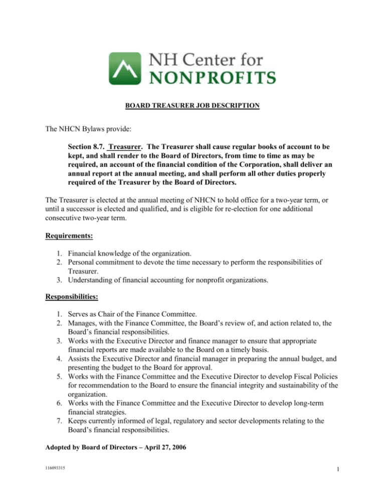 Not For Profit Board Treasurer Job Description