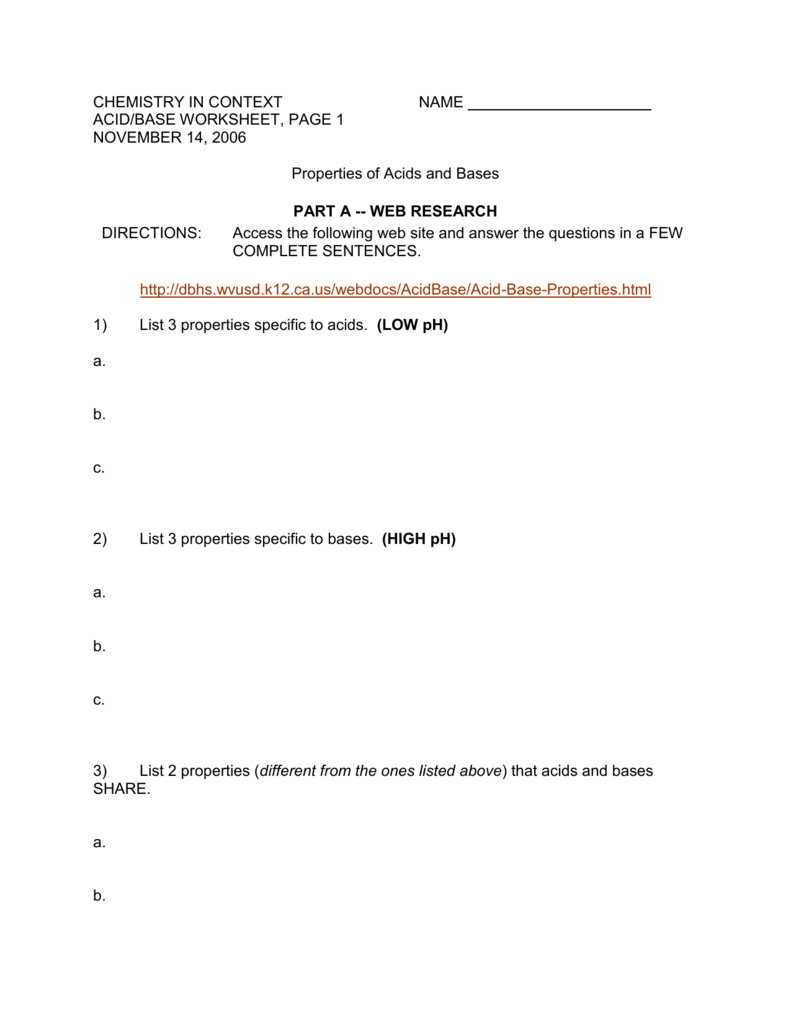 Acid/Base Worksheet #1