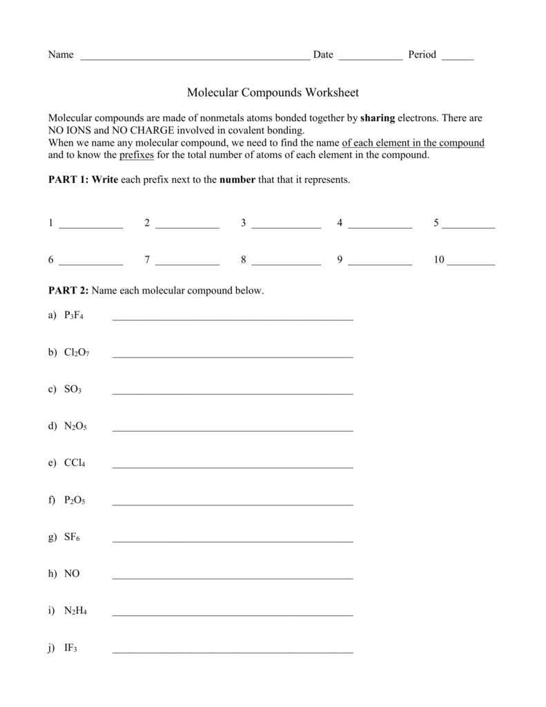 Molecular Compounds WS Within Molecules And Compounds Worksheet