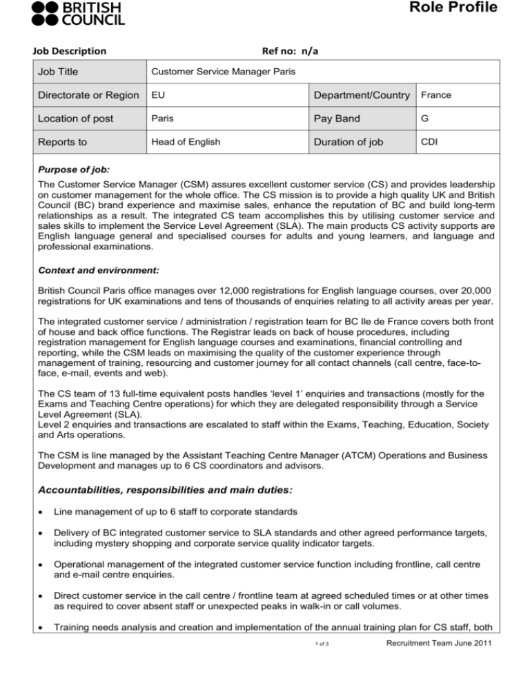 Customer Services Manager Role Profile