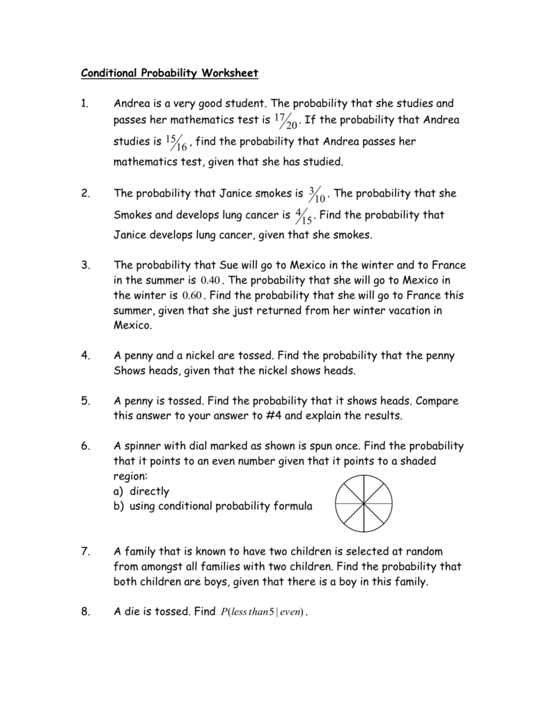 Conditional Probability Worksheet For Probability Worksheet With Answers