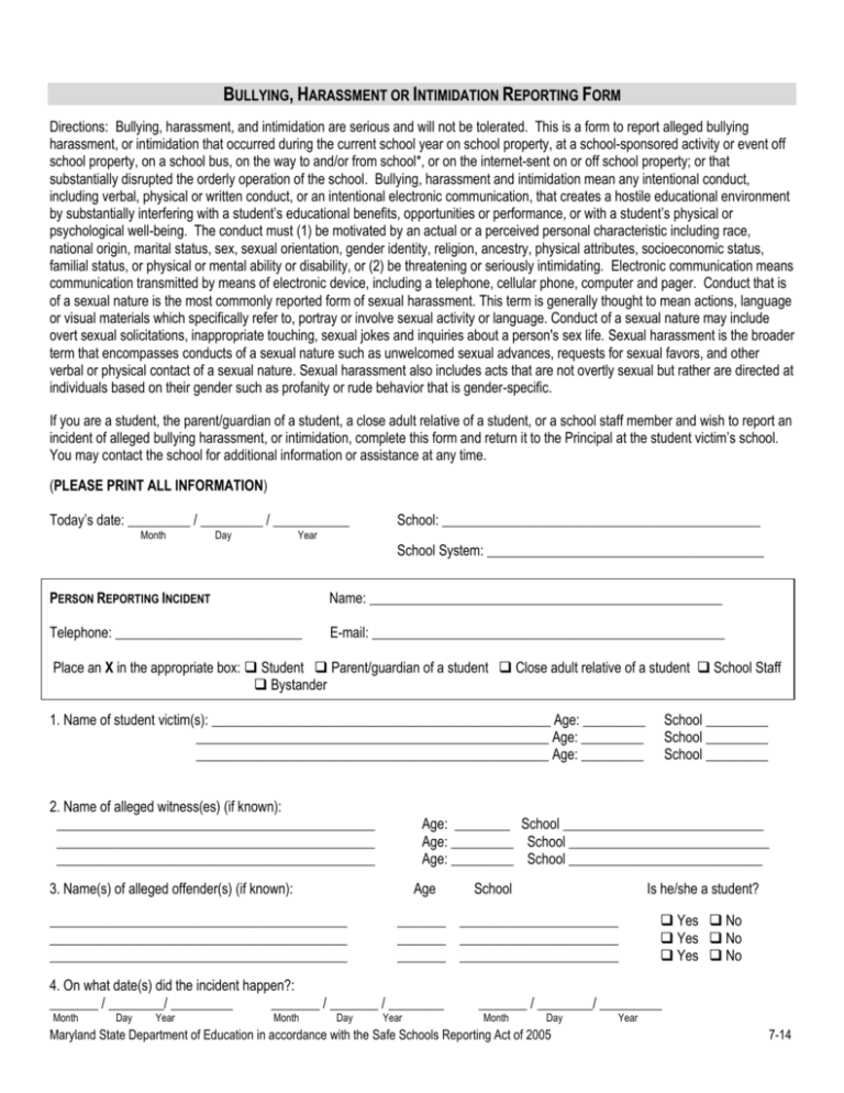 Bullying Harassment Or Intimidation Reporting Form 0099