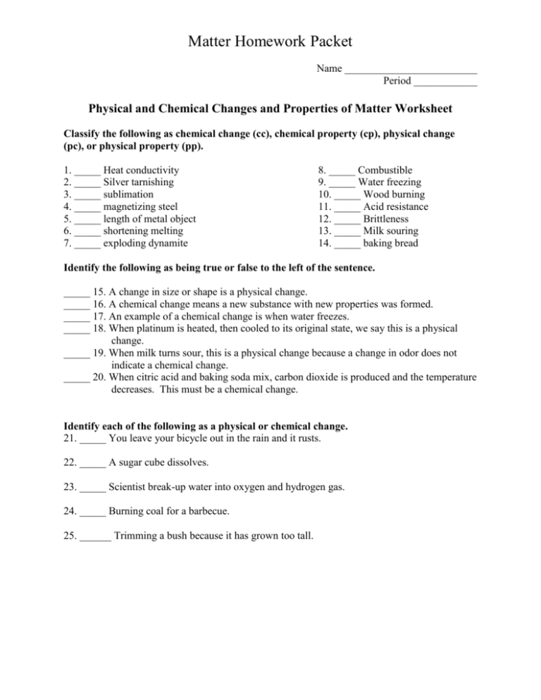 Physical and Chemical Changes and Properties of Matter Worksheet