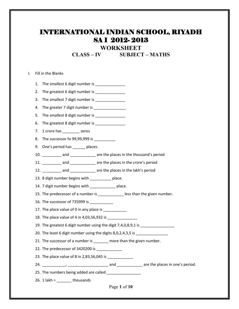 Indian And International Place Value System Class 5 Worksheet Roman Numerals Class 4 Worksheet