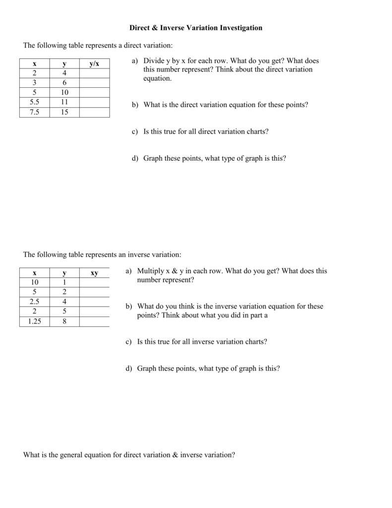 Direct and Inverse Variation Worksheet Inside Direct And Inverse Variation Worksheet