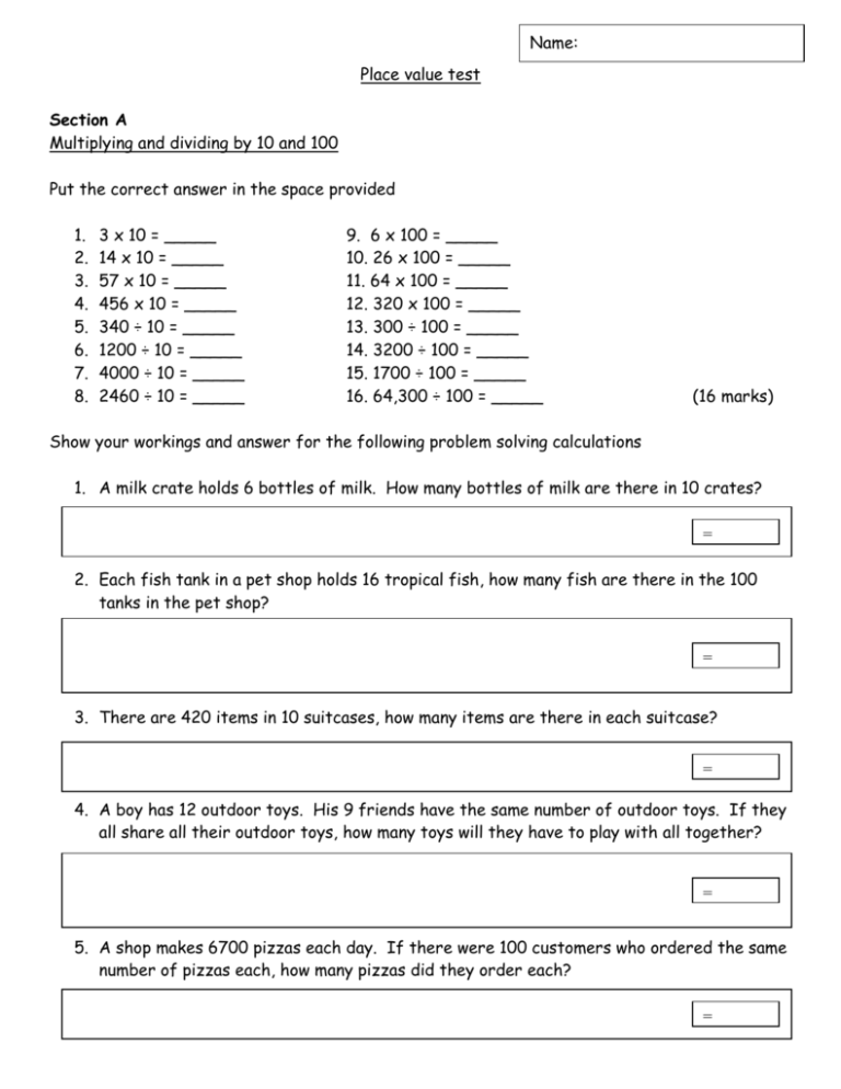 Place Value Test - Primary Resources