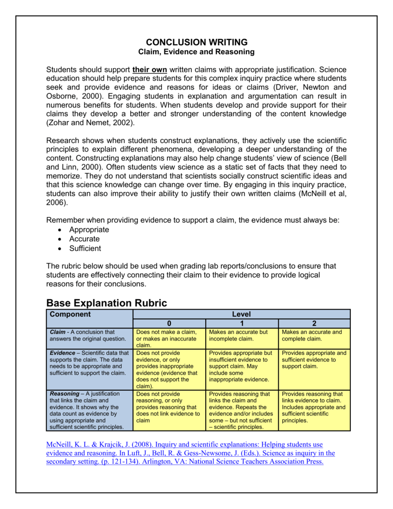 Claim Evidence Reasoning Rubric Science Miami