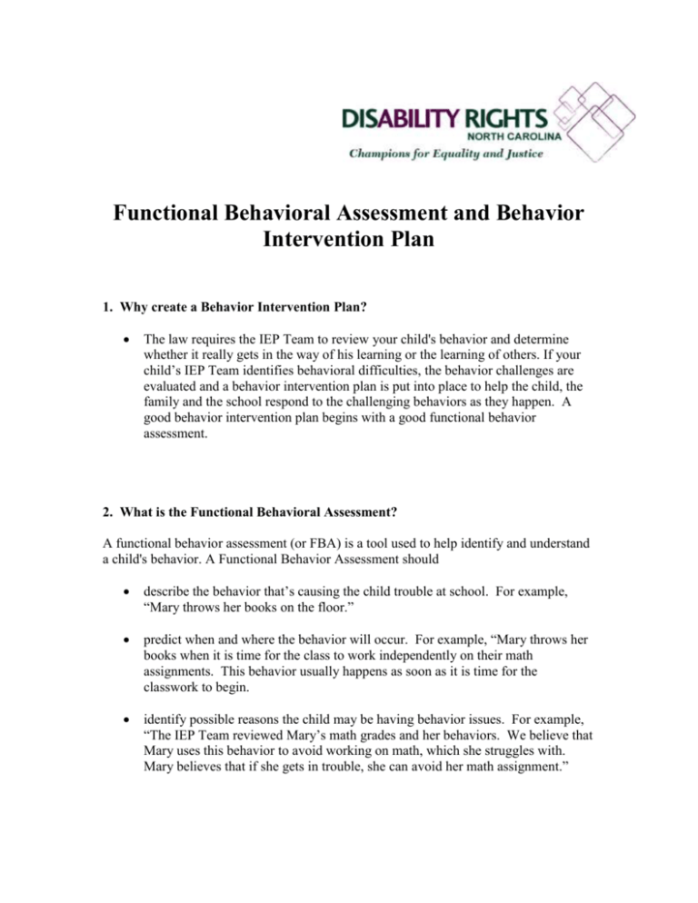 Functional Behavioral Assessment And Behavior Intervention Plan