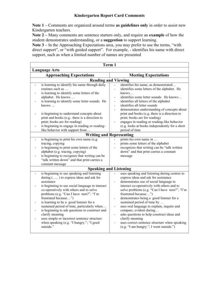 Kindergarten Report Card Comments SD42