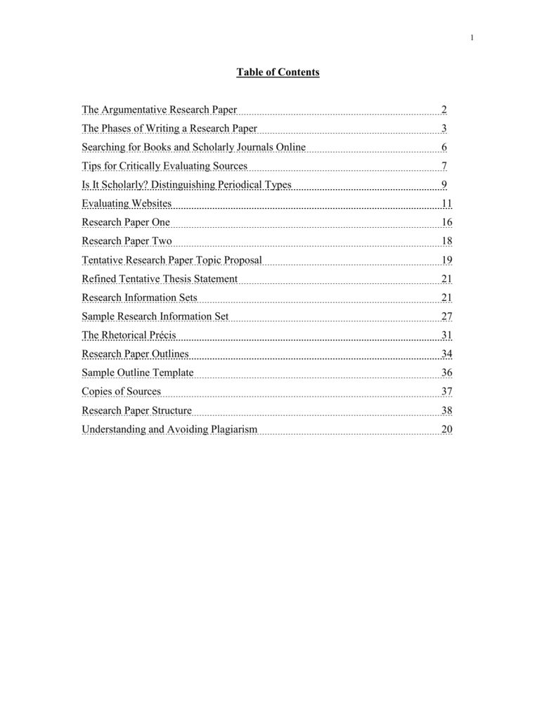sample of table of contents in research paper