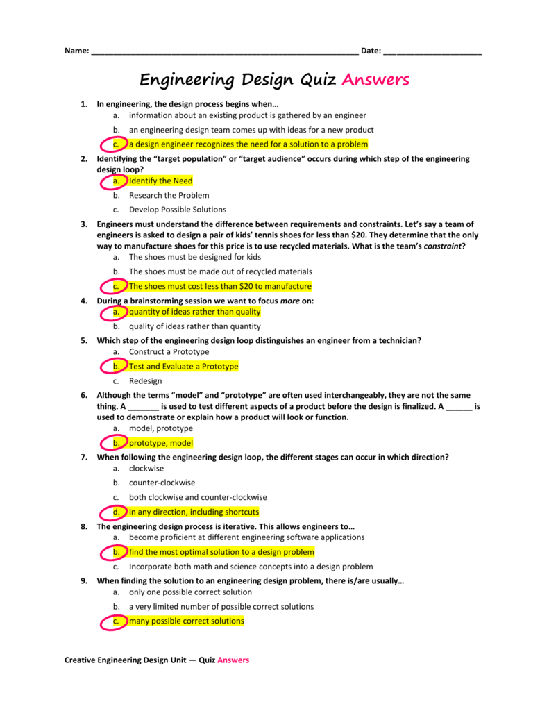 Engineering Design Quiz Answers