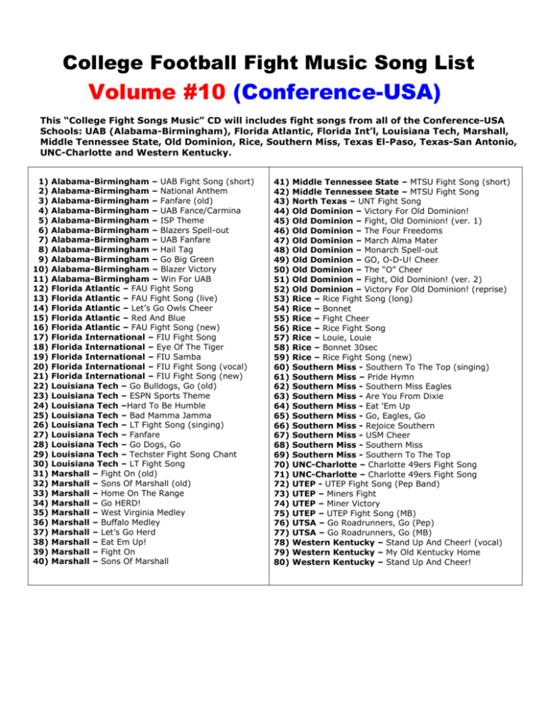 College Fight Songs List 10