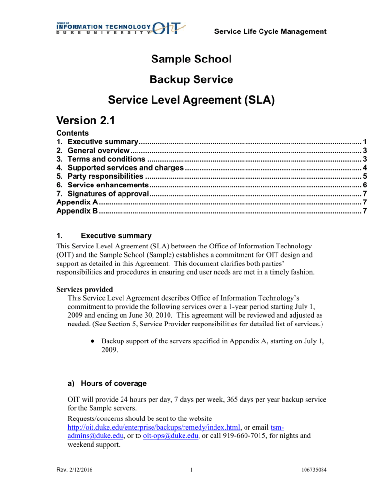 SLA - OIT Within information technology service level agreement template