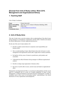 [Excerpt from Unit of Study outline: Work 2219, Management and