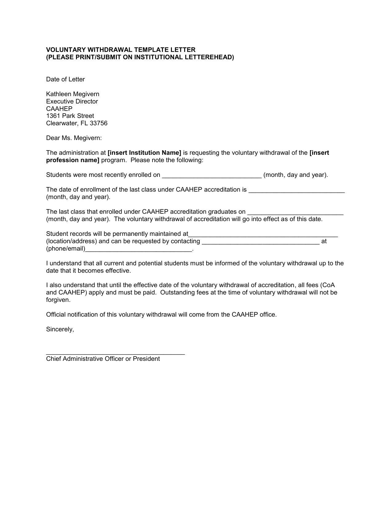 University Withdrawal Letter 0500