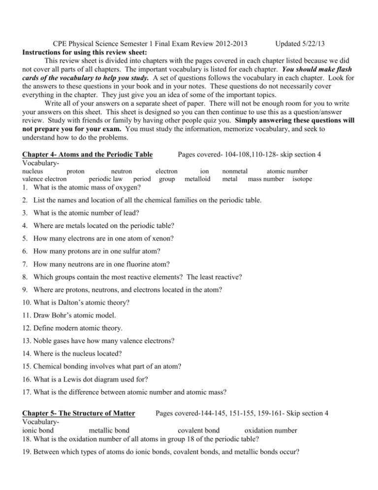 CPE Physical Science Semester 1 Final Exam Review 2012