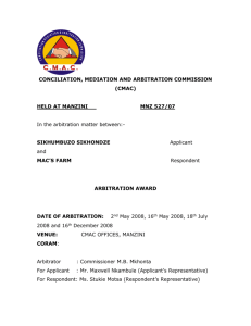 Arbitration Award (Sikhumbuzo Sikhondze vs Mac`s Farm)