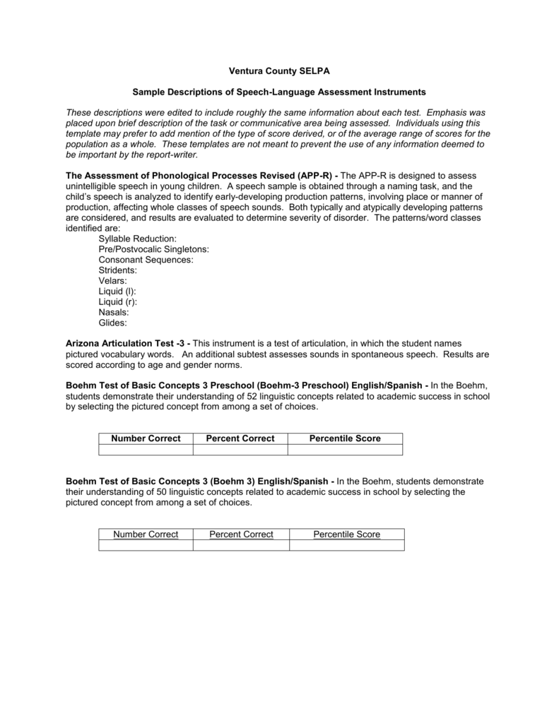 Sample Descriptions of Speech-Language Assessment Instruments